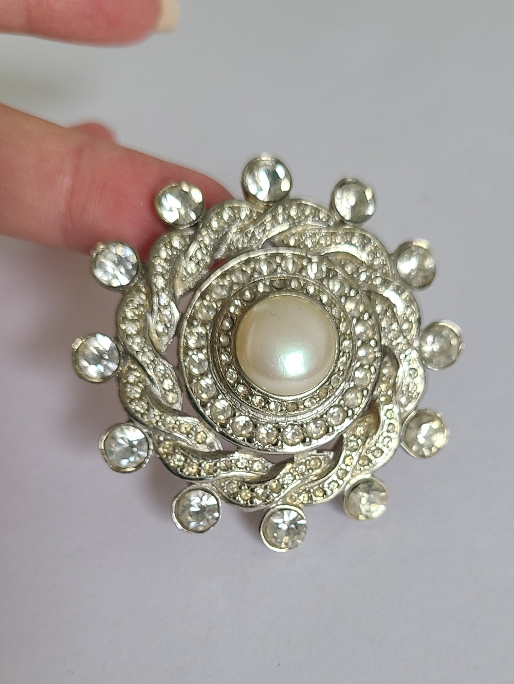 Vintage Les Bernard Chunky Silver Tone Pearl Dome Rhinestone Statement Brooch